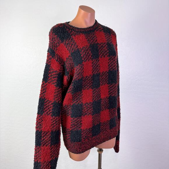 SKIMS Unisex Cozy Knit Buffalo Check Plaid Pullover Sweater Red Black S / M NWT - Picture 1 of 12